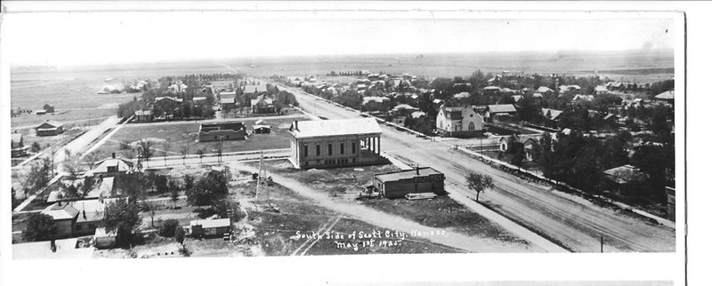 First Christian Church located on right of photo, 1925 arial photo