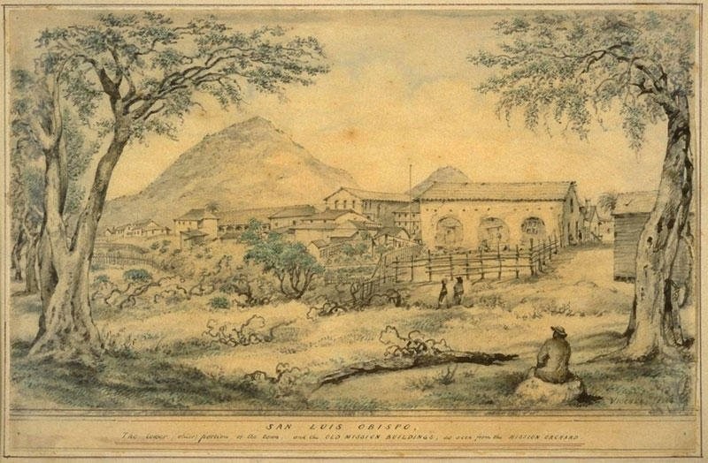 Mission San Luis Obispo as drawn by Edward Vischer, a German immigrant whose fascination with the California missions resulted in one of the best visual records of early California life.