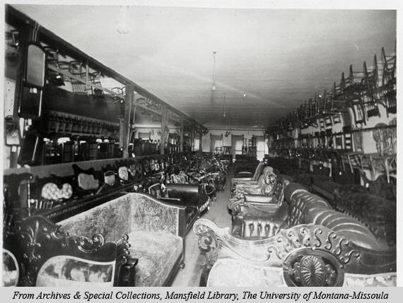 A photo of the interior of the furniture department of the Missoula Mercantile Co. circa 1900. Image courtesy of mtmemory.org