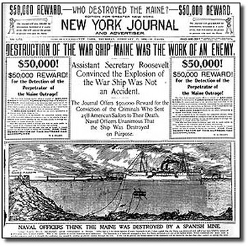 This newspaper article highlights the fact that media utilized fear as a powerful motivator to gain support for a resolution against Spain. For example, it clearly states Spain was at fault, but the true blame of the explosion was never assigned.