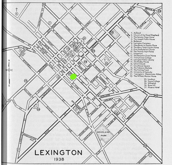 This map indicates where Postlewait's Tavern was located in proximity to other roadways in Lexington. (Green marker)