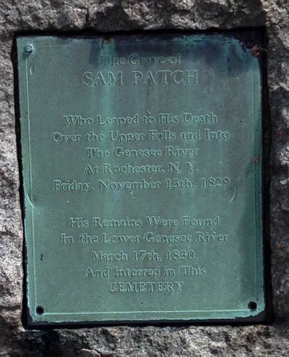 An image of the plaque that is placed on Sam Patch's grave located in Rochester, New York.
