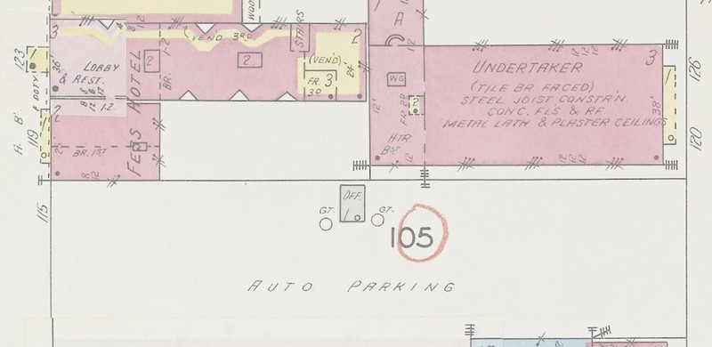 Fess Hotel on 1951 Sanborn map, red=brick; yellow=wood; ven'd=veneered (V. 1 p. 11)