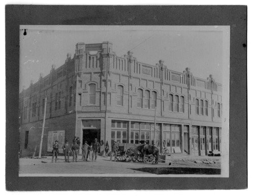 The front of the Wright Opera House in 1900. The opera house opened in February of 1900. Visible is the sign of the Parlin and Orendorff Company that occupied the space below the opera hall. 