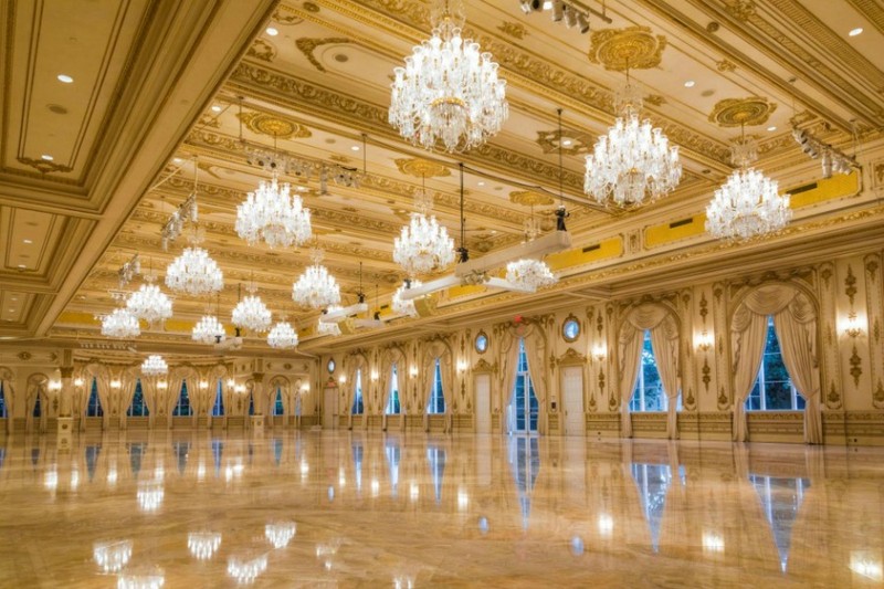 View of the twenty thousand-square-foot Grand Ballroom built in 2005 with twenty-four karat gold leafing. Photo from the Mar-a-Lago website.