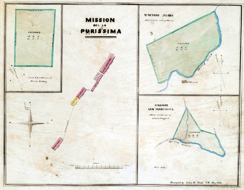 1854 drawing of mission layout as it would have appeared shortly after it was constructed in second and final location. 