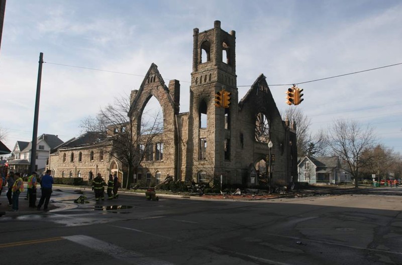 The gutted ruins of the 1899 church after the March 2012 fire.