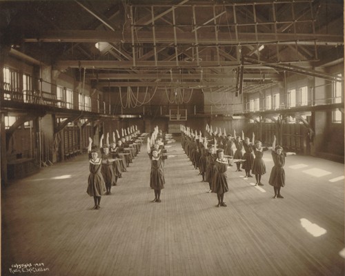 This is Smith College students doing exercises in the Alumnae Gymnasium in 1904.
https://libex.smith.edu/omeka/items/show/205.