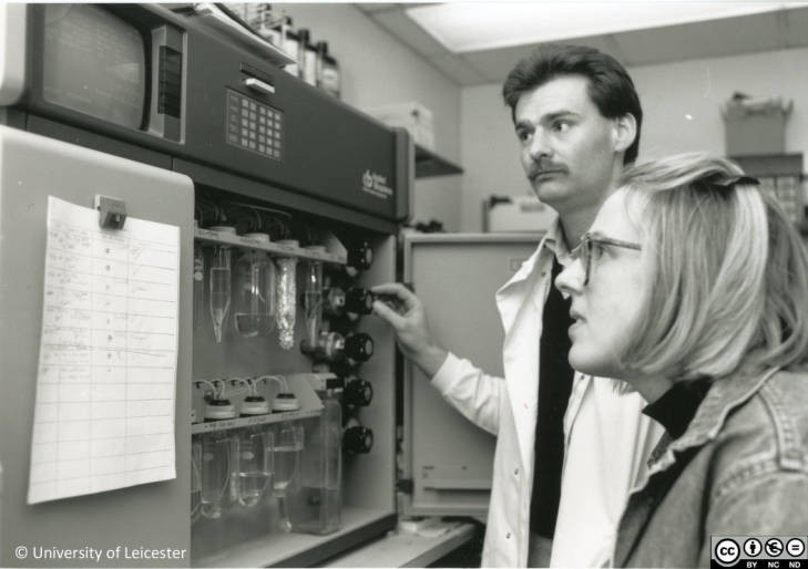 Tony Maxwell with a student in a laboratory, 1980s