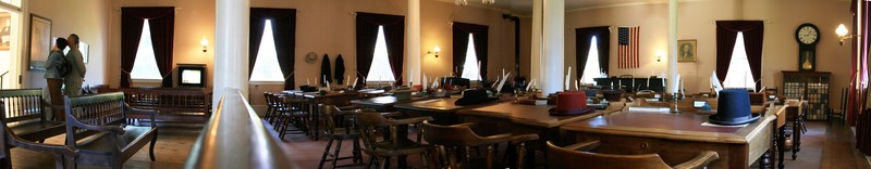 The interior columns seen in this photo are actually masts from salvaged ships from the Bay Area during the Gold Rush. The building has been refurbished with period decor.
"CABeniciaCapitolSenateCh" by User:Leonard G - Self made