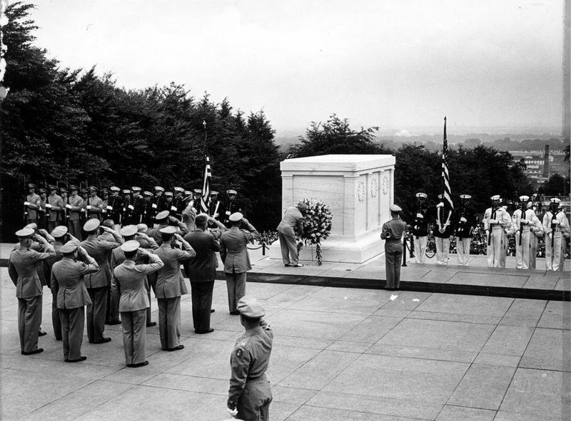 Former President Harry Truman laying a Wreath at the Tomb of the Unknown Soldier.