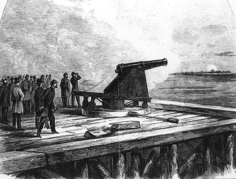 1898 engraving of the experimental Sawyer Rifle cannon installed at Fort Wool during the Civil War. It had a range of 3 miles and participated in the Battle of Hampton Roads, firing on the Confederate ironclad CSS Virginia.