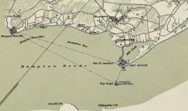 Map of Hampton Roads and Fort Wool (labeled as "Rip Raps," the name of the original reef upon which the artificial island was built.  Library of Congress.