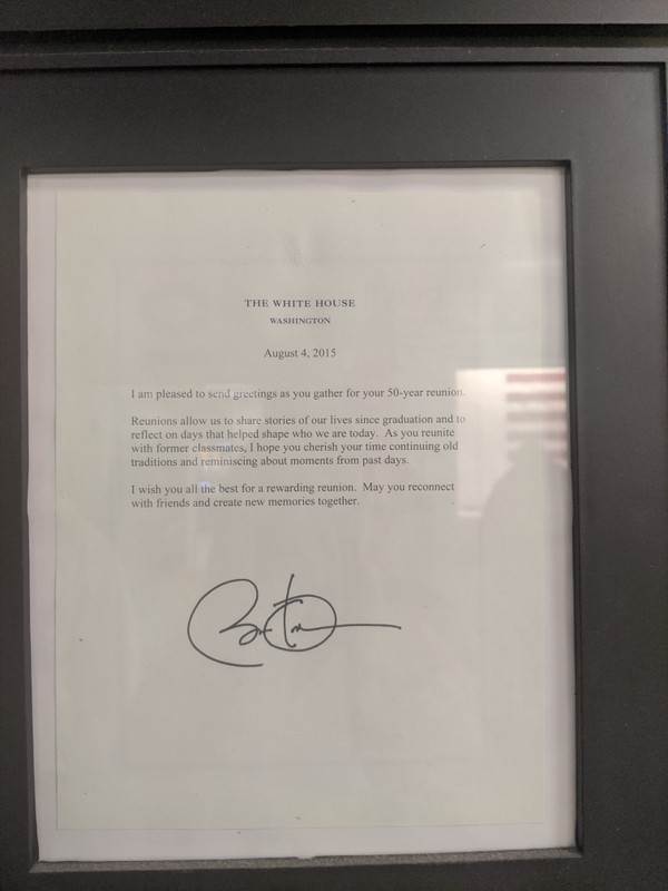 Letter signed by President Obama to acknowledge the 50th Anniversary of the first graduating class of Oakington Elementary.