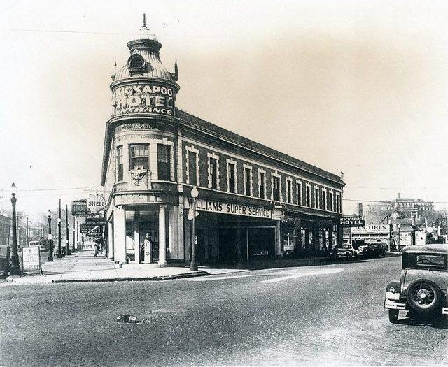 1911 Picture of Kickapoo Building when the 2nd floor operated at the Kickapoo Hotel. Notice the Kickapoo name is placed over the Anheuser-Busch name, but the Anheuser-Busch Eagle (logo) remains between the main window and door.
Credit: Peoria Historical 