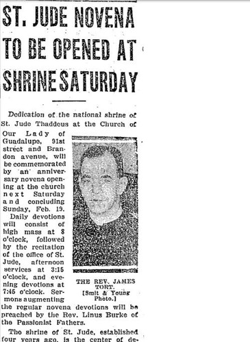 A snippet from a 1933 Chicago Tribune article announcing a novena, or nine day Catholic celebration, in honor of the anniversary of the church's dedication.