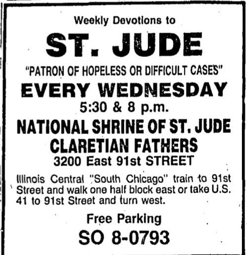 Just one of countless newspaper advertisements for the church, this one from 1981, demonstrating its role in the community in honoring a saint with a particularly loyal following beyond just the local community.