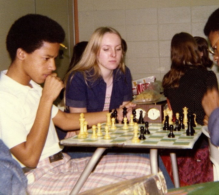 In the 1974-1975 school year, Butler's Chess Club demonstrates the school's integration successes. Pictured are (left to right) Sonnie Hereford IV, Patty Mollett, and Veral Hill. 