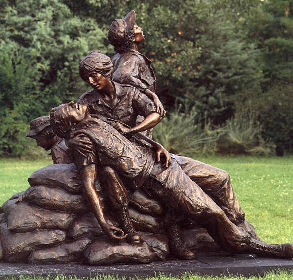 The Vietnam Women's Memorial depicts nurses caring for an injured solider.  Sculptor Glenna Goodacre wrote, "Even though he is wounded, he will live. I want this to be a monument for the living." Wikimedia Commons.