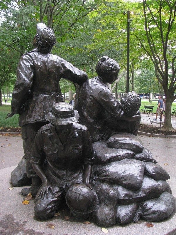 The sculptor designed this memorial to be viewed from all directions, with each figure expressing the complicated emotions and obligations of war. Wikimedia Commons.