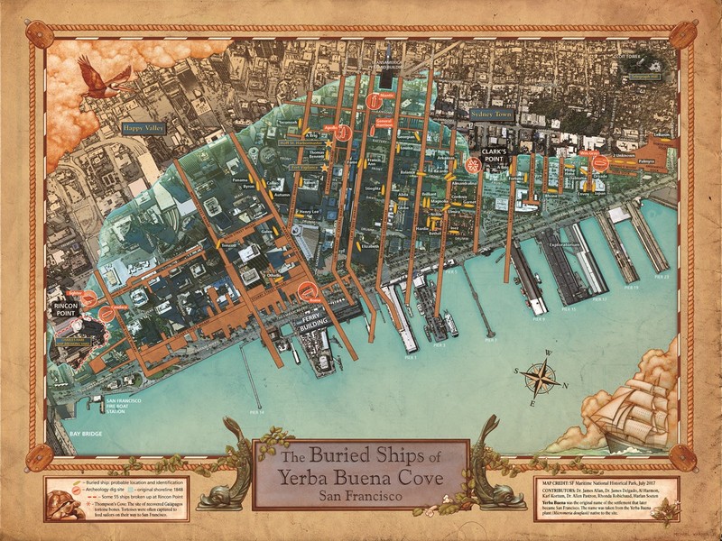 Map of Yerba Buena cove showing the old San Francisco waterfront, which extended as far as Montgomery Street