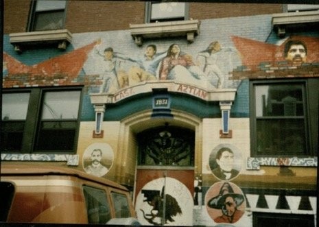 The original mural which once covered the front entrance to Casa Aztlan before it was painted over in 2017 by the new developer (Credits: Dr. Margaret LaWare, 1991)