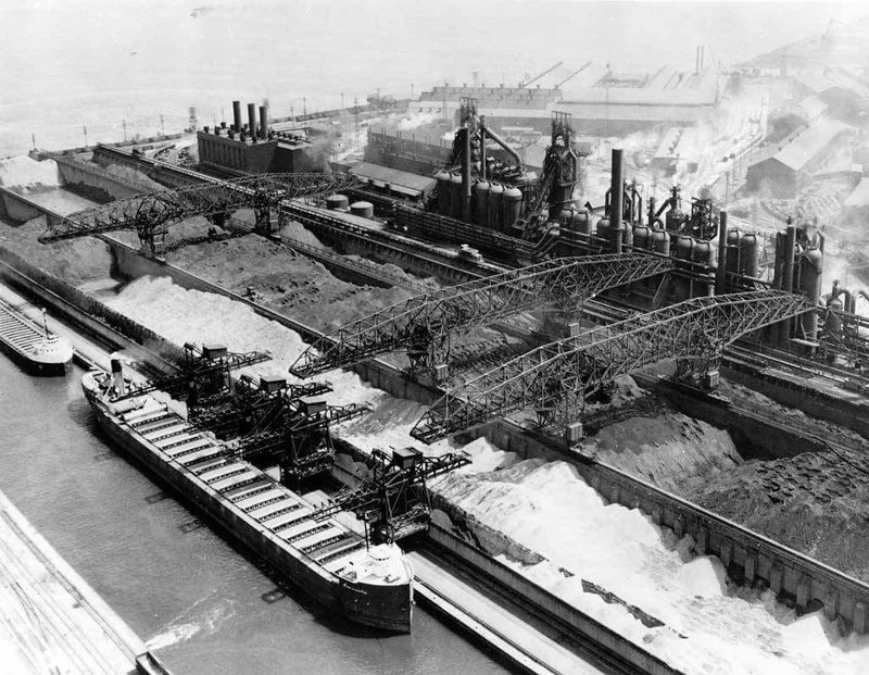 Aerial photo of blast furnaces at the South Works mill. Mexican workers were often delegated to difficult work at such furnaces as the "lowest men on the totem pole." Courtesy of Dennis DeBruler.