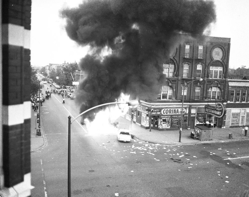 https://www.pinterest.com/pin/855543260431673718/?lp=true
A car burns near the intersection of Division Street and Damen Avenue. Not only would protesters flip cars over, but they would also set them on fire as a sign of defiance. As seen from this 