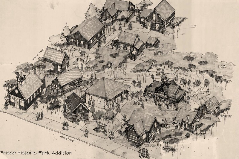 This concept drawing dates to the mid-1980s, as the park was just beginning to develop. One of the biggest differences is the grass covered, open area surrounding the gazebo. Today the Historic Park hosts ten historic cabins and buildings along with an outhouse, a spring house, and the open-air gazebo. 