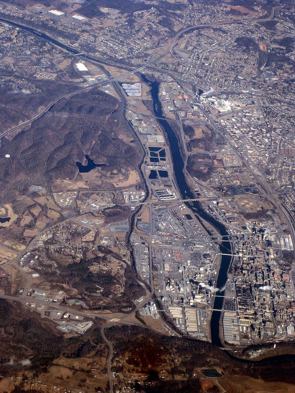 An aerial view of Long Island of the Holston River, Tennessee's first National Historic Landmark