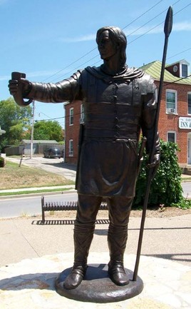 The statue portrays Hermann, who was known as Arminius, gesturing north towards the Missouri River.