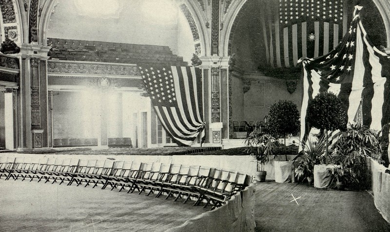The "X" in this photograph marks the spot in the Temple of Music where McKinley was shot by Czolgosz
