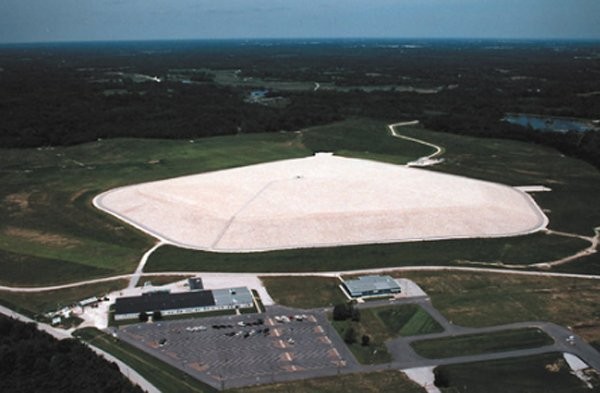 This aerial view shows the mound and the interpretive center below it.