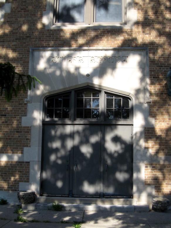 Stiles School, main entrance on east elevation, 2020