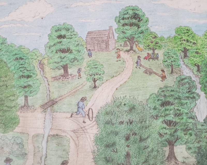 This is a drawing of what the Van Hook Subscription School may have looked like in the 1800s at its original location on Paynes Tavern Road in the Flat River area of Person County, North Carolina.