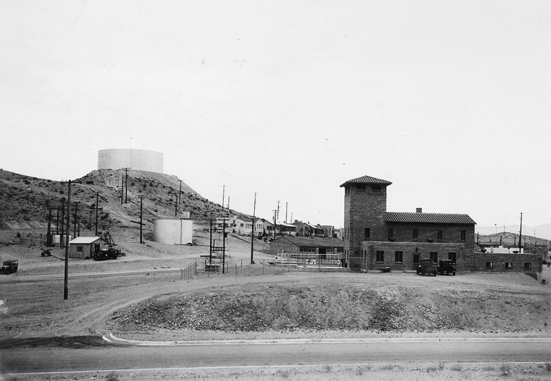 View from the west of the two-million-gallon water tank on Water Tank Hill and the nearby water filtration plant. (National Archives and Records Administration. Major units of Boulder City water supply. July 10, 1932)