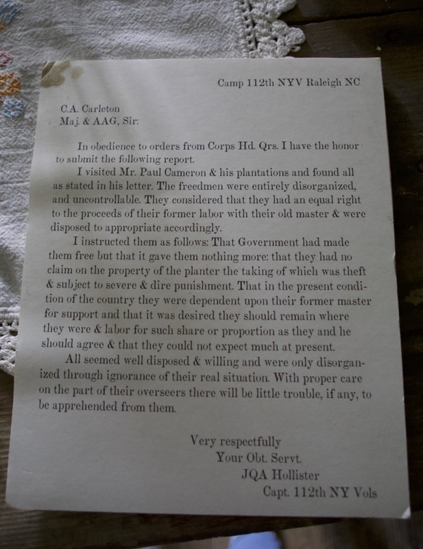 This is a letter and personal account from JQA Hollister describing the immediate implications of Emancipation for enslaved people at Stagville.
