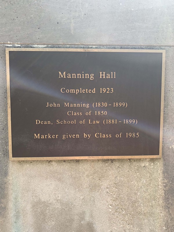 This plaque on the front steps commemorates the completion of Manning Hall in 1923. Manning Hall was originally the home of UNC's School of Law. The building was named after John Manning, a professor and dean at the Law School.
