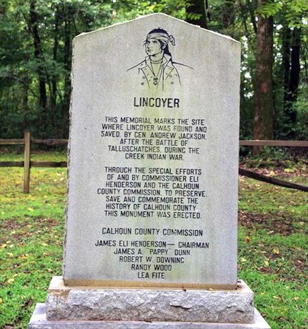 A monument to Lyncoya, also spelled Lincoyer, the Creek Indian child adopted by Andrew Jackson after the Battle of Tallushatchee.