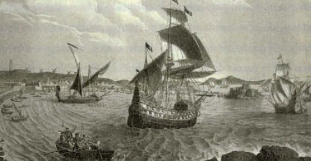 The Santa Maria leaving the port of La Caruña July 24, 1525