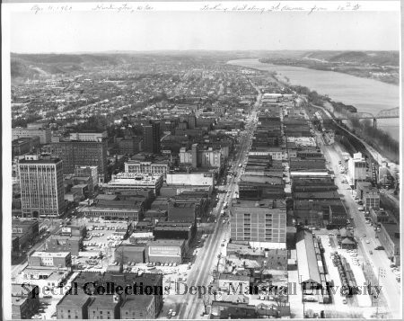 Aerial view of downtown Huntington, with Gwinn Bros Mill visible on the right, in 1960