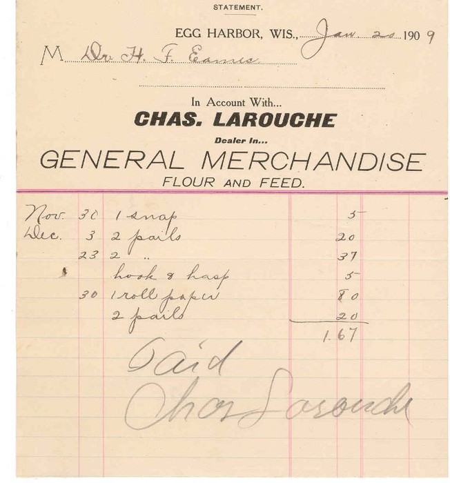 1909 Invoice of purchases made by Dr Eames from the Le Rouche Merchantile