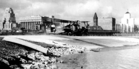 Loening Air Yacht descending Maitland's seaplane ramp, 1930.