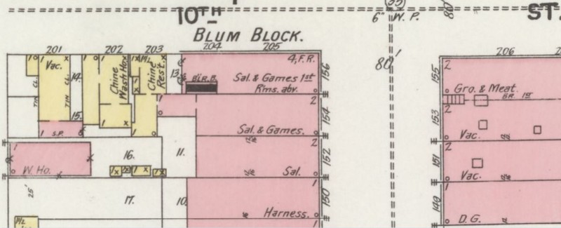 Saloon and games room on ground floor with rooms above on 1898 Sanborn Fire Insurance Map (Sanborn Map Company p.7)