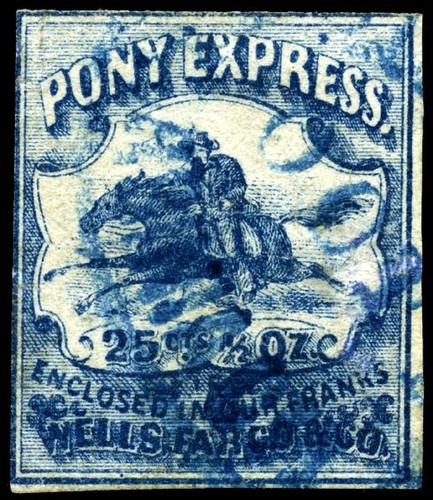 Pony Express Stamp (25 cents), printed by Wells Fargo and reissued briefly in 1862.