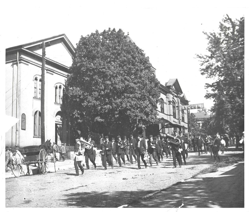 A parade down 5th Street c. 1900. The Lyceum Theater can be seen in the back at the corner of 5th and Jules or 214 N. 5th Street. At 210 N. Image provided by the St. Joseph Museums, Inc.