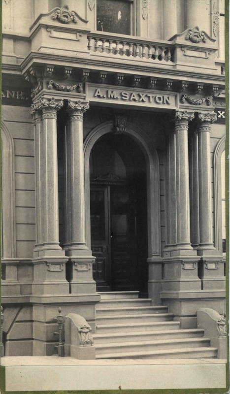 Close up of the Saxton National Bank entrance with A.M. Saxton engraved above the door.
Image provided by the St. Joseph Museums, Inc.