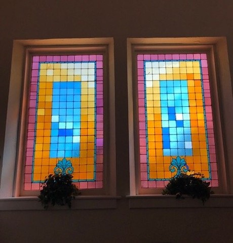 Stained glass windows from the church's interior. 
Photo courtesy of Baiba Lennard. 