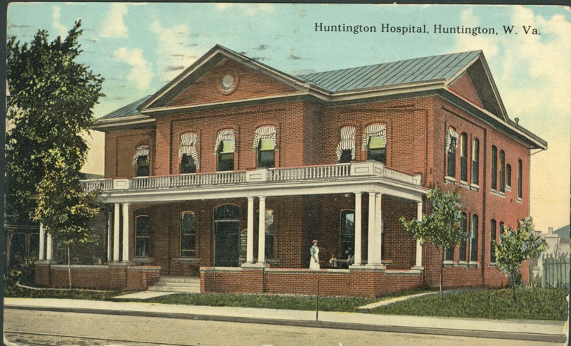 Postcard of Huntington Hospital, notable showing the addition of a porch. Image courtesy of Marshall University Special Collections. 