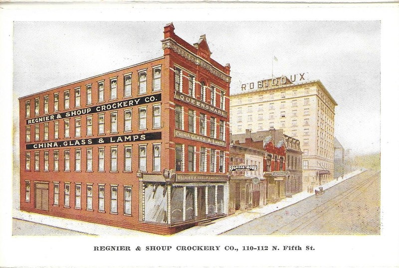 Postcard depicting the block of Fifth Street between Felix and Francis with the Hotel Robidoux in the background. This block is now a parking garage. Image provided by the St. Joseph Museums, Inc.